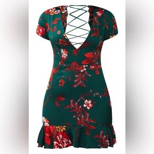 PrettyLittleThing emerald green dress red floral plunging neckline NWT